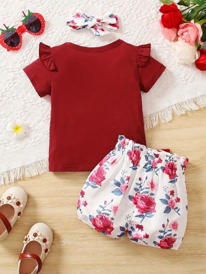 Baby Girls Outfit for 3-Piece Floral Shorts & Headband Set