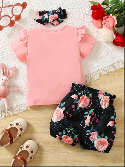 Baby Girls Outfit for 3-Piece Floral Shorts & Headband Set