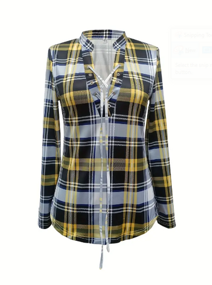 Drawstring Plaid Casual Blouse Long Sleeve