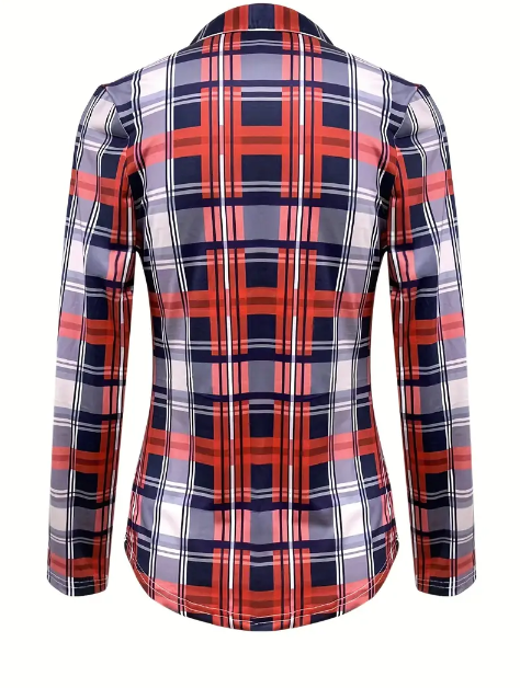 Drawstring Plaid Casual Blouse Long Sleeve