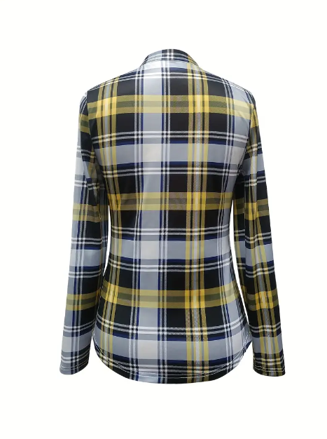 Drawstring Plaid Casual Blouse Long Sleeve