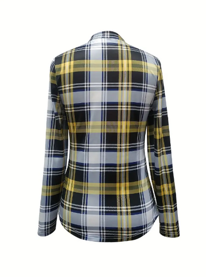 Drawstring Plaid Casual Blouse Long Sleeve