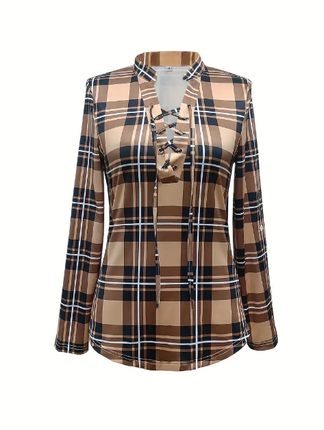 Drawstring Plaid Casual Blouse Long Sleeve