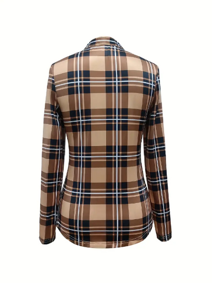 Drawstring Plaid Casual Blouse Long Sleeve