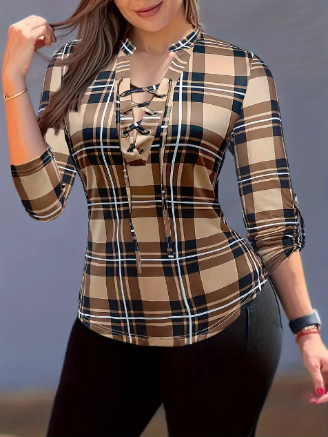 Drawstring Plaid Casual Blouse Long Sleeve