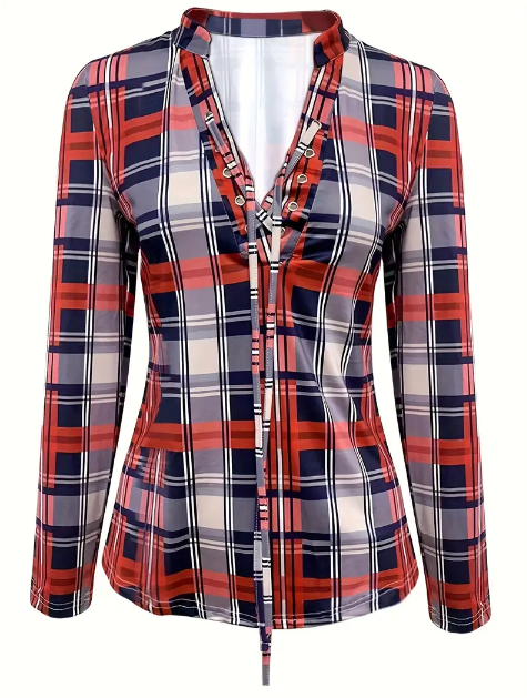 Drawstring Plaid Casual Blouse Long Sleeve