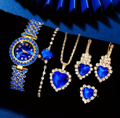 Rhinestone Quartz Klein Blue Fashion Wrist Watch & Synthetic Gem Jewelry Set