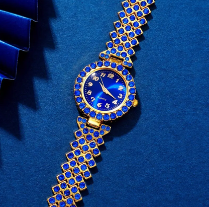 Rhinestone Quartz Klein Blue Fashion Wrist Watch & Synthetic Gem Jewelry Set