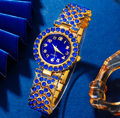 Rhinestone Quartz Klein Blue Fashion Wrist Watch & Synthetic Gem Jewelry Set