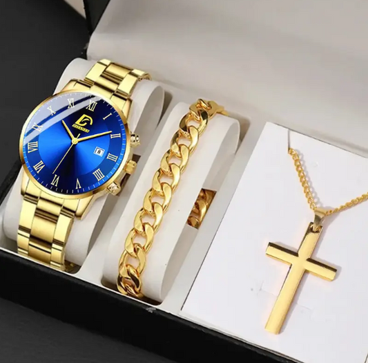 Stainless Steel Quartz Watch & Bracelet & Necklace For Men