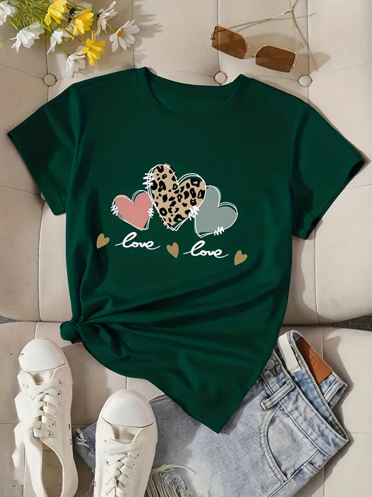 Casual Short Sleeve Heart & Letter Print Crew Neck