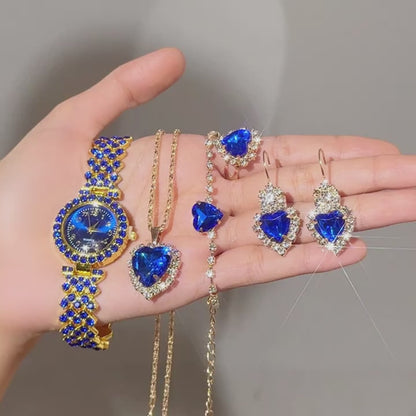 Rhinestone Quartz Klein Blue Fashion Wrist Watch & Synthetic Gem Jewelry Set